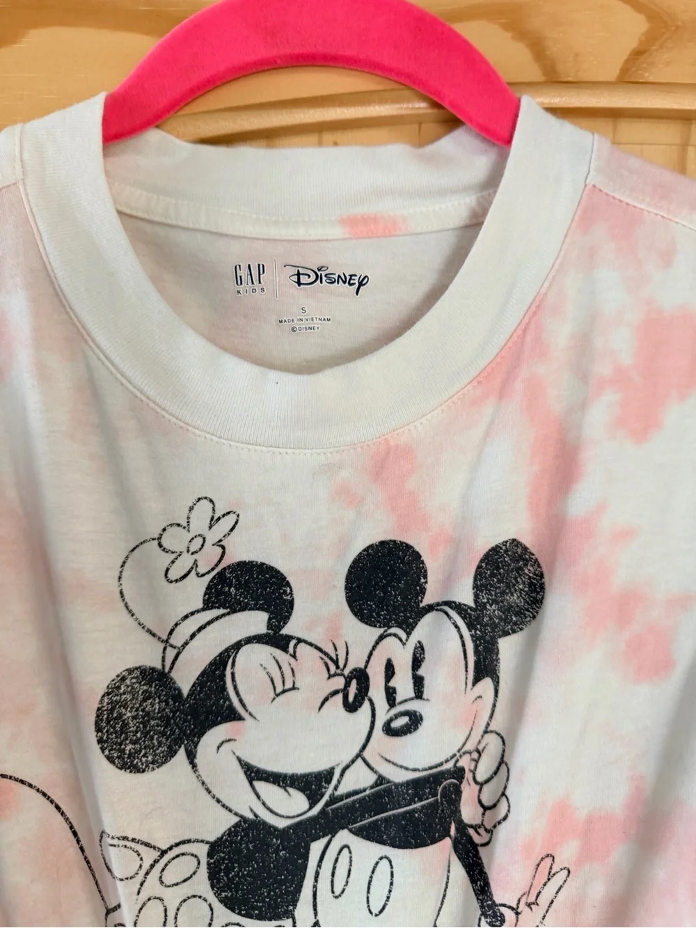 GAP Kids Long Sleeve Tee with Pink Tie-Dye and Black Mickey & Minnie Print